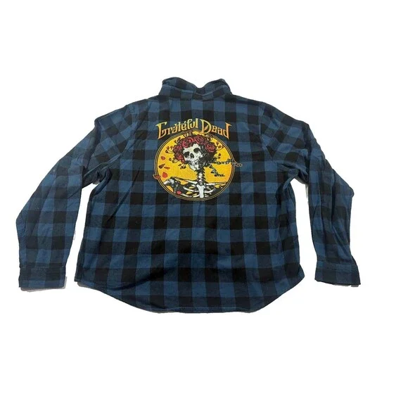 Grateful Dead Womens Skull Rose Crown Print Graphic Blue Plaid Flannel Shirt 2XL - Picture 7 of 10